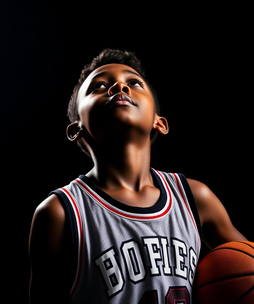 Young Black boy in a basketball jersey looking upward