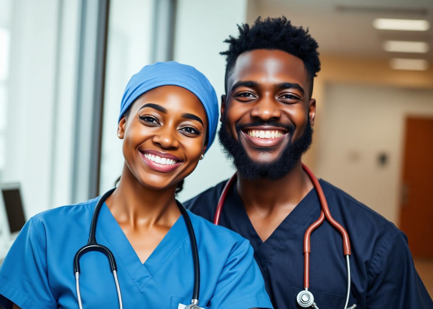 Black healthcare professionals in scrubs smiling in a hospital